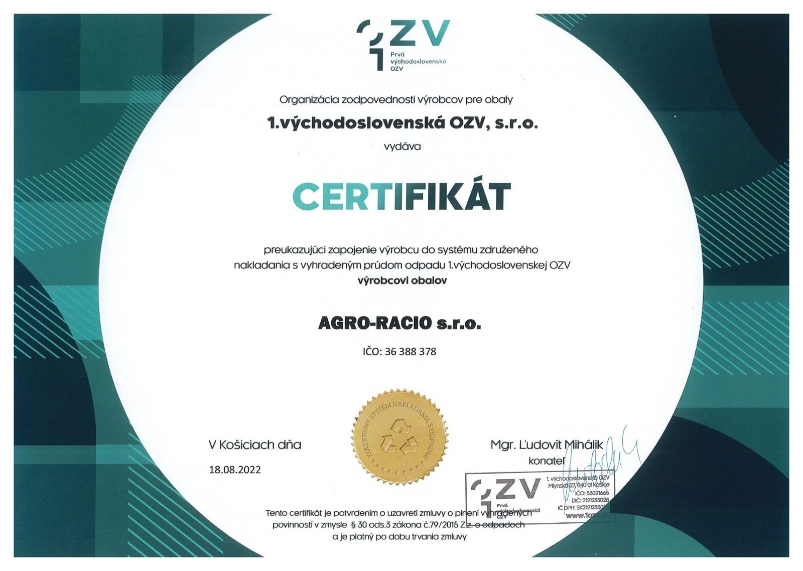 Certifikát AGRO-RACIO